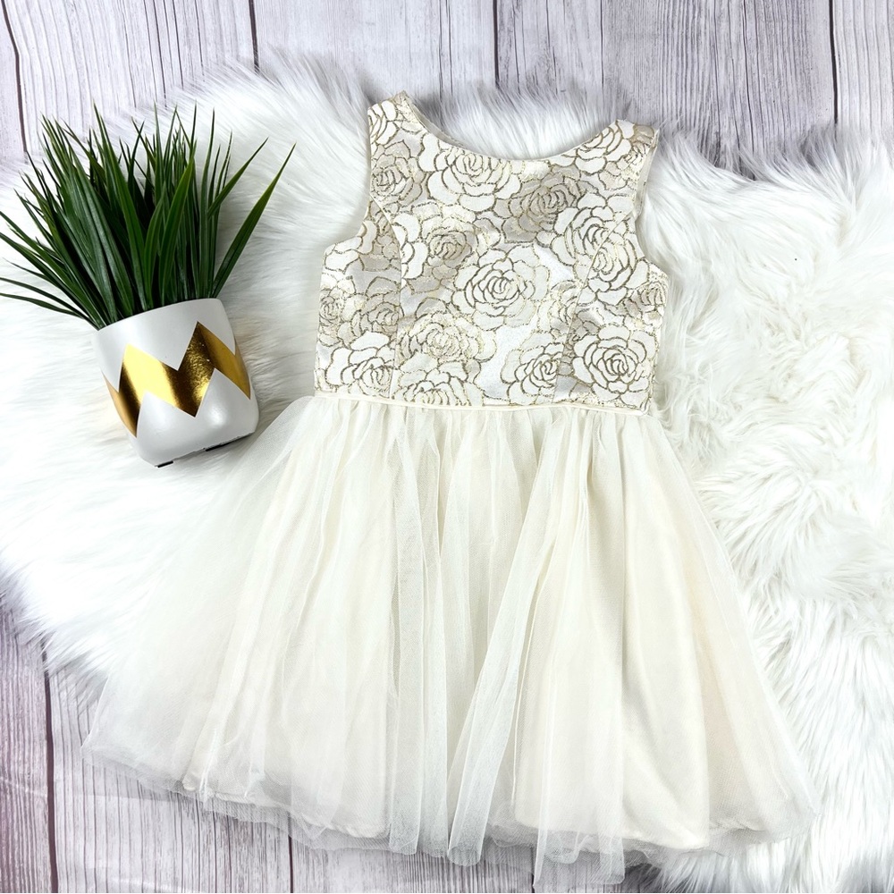 Zunie Girls 5T White Gold Rose Embroidered Dress Flower Girl Holiday Formal